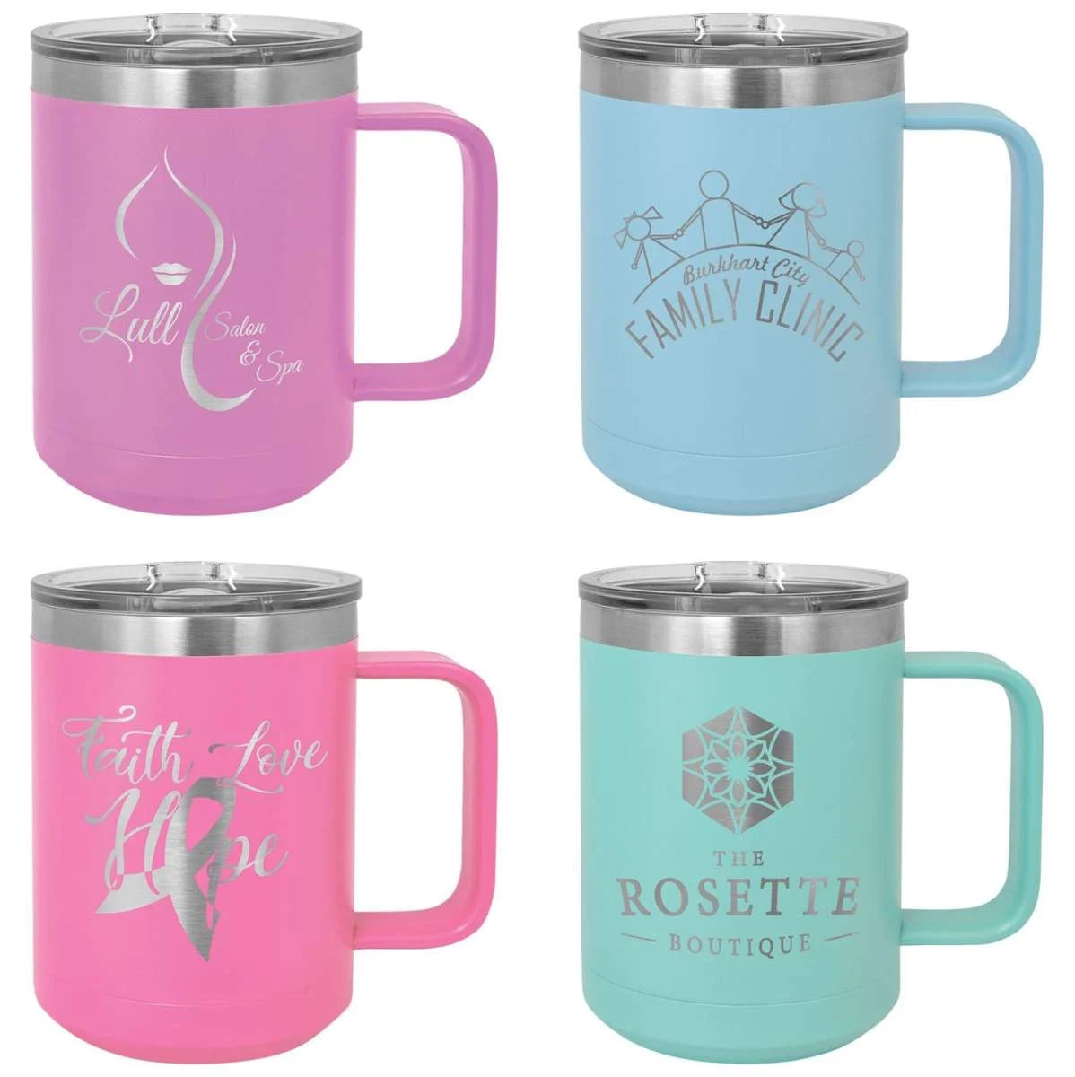 Pink, light blue and teal 15 oz coffee mugs with handles laser engraved with custom salon, clinic and boutique logos