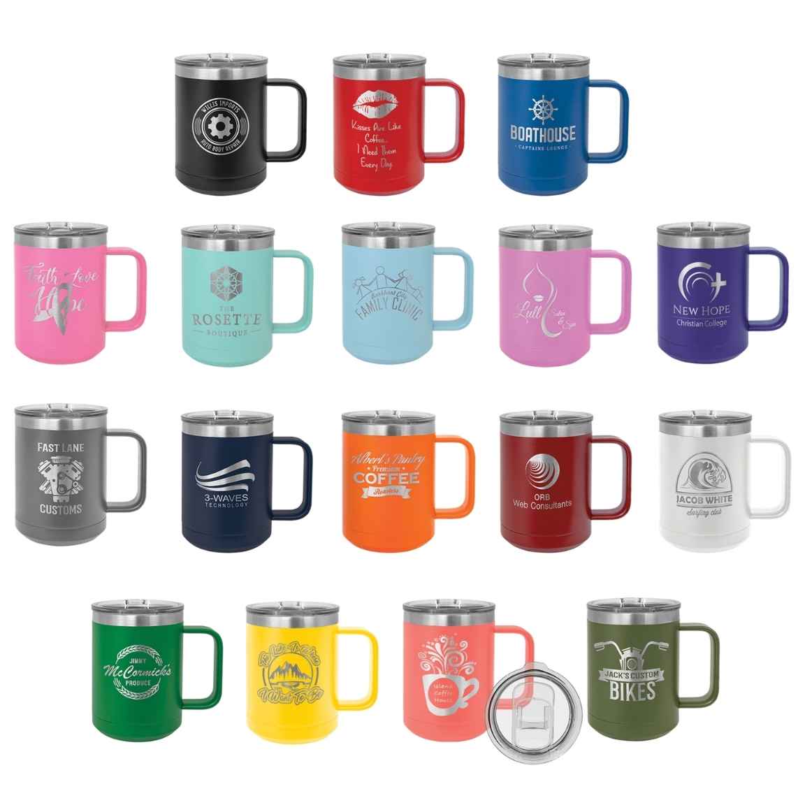 Laser engraved 15 oz coffee mug color options in black, red, blue, pink, teal, purple, grey, orange, white, green, yellow and more