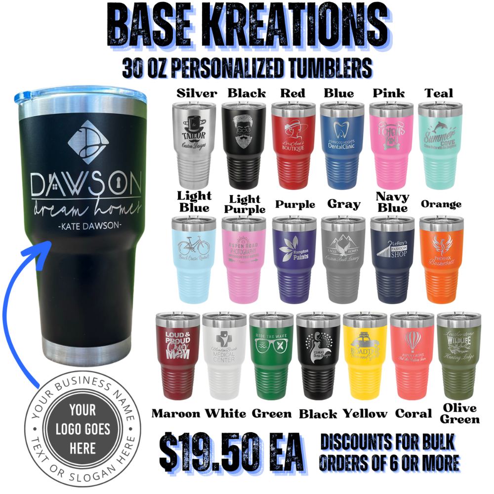 Engraved 30oz Tumbler Personalized with custom artwork or logo