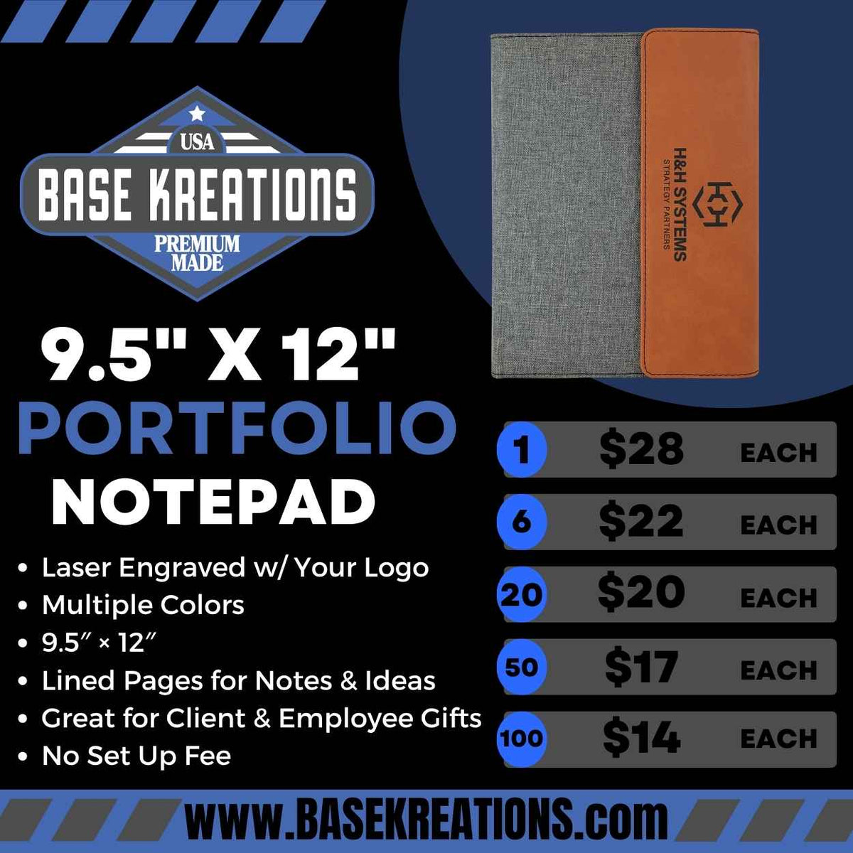 Base Kreations 9.5x12 portfolio flyer with a logo-engraved rawhide and gray canvas portfolio and bulk pricing tiers
