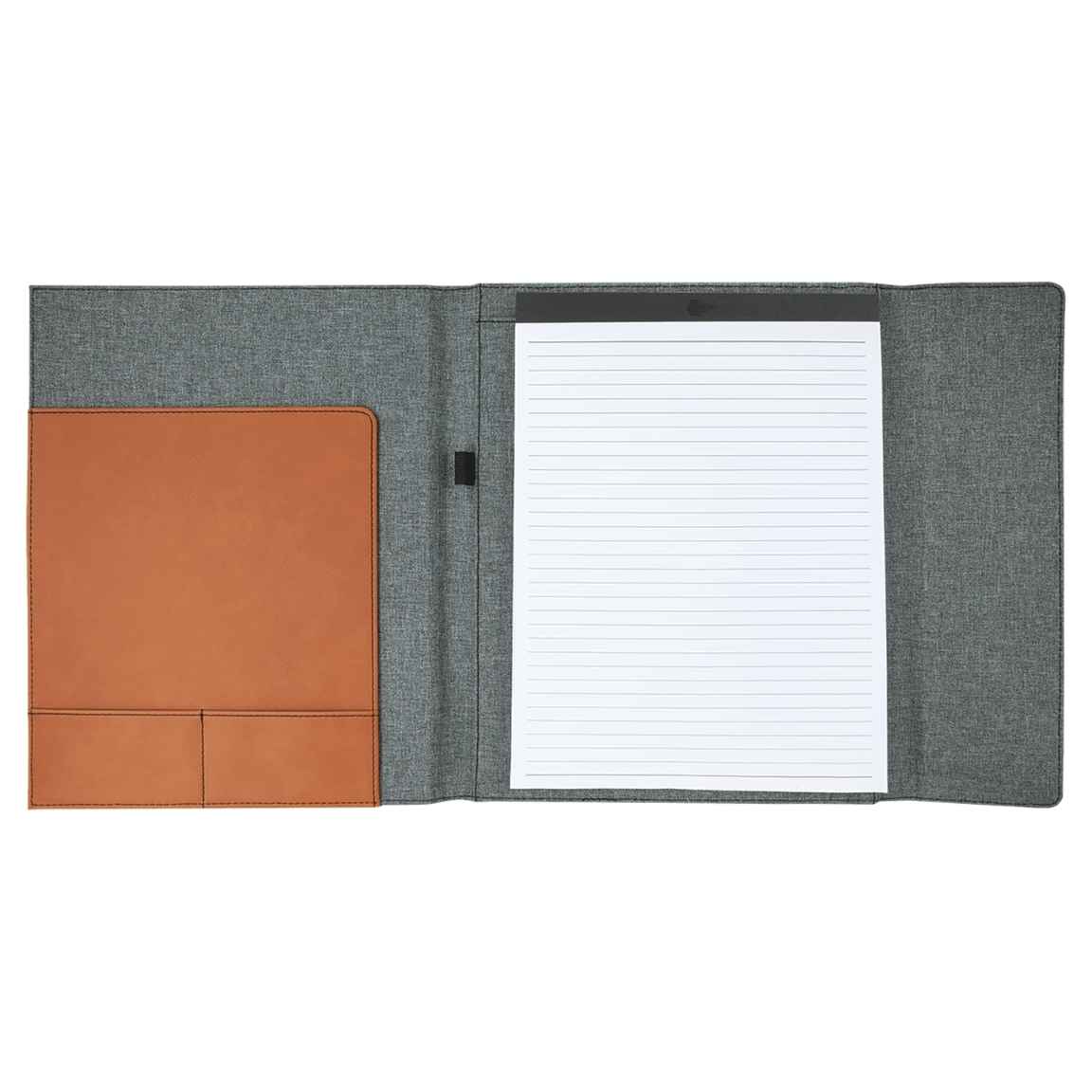 Inside of the 9.5x12 gray canvas portfolio with rawhide leatherette panel, two small pockets, pen loop, and lined notepad