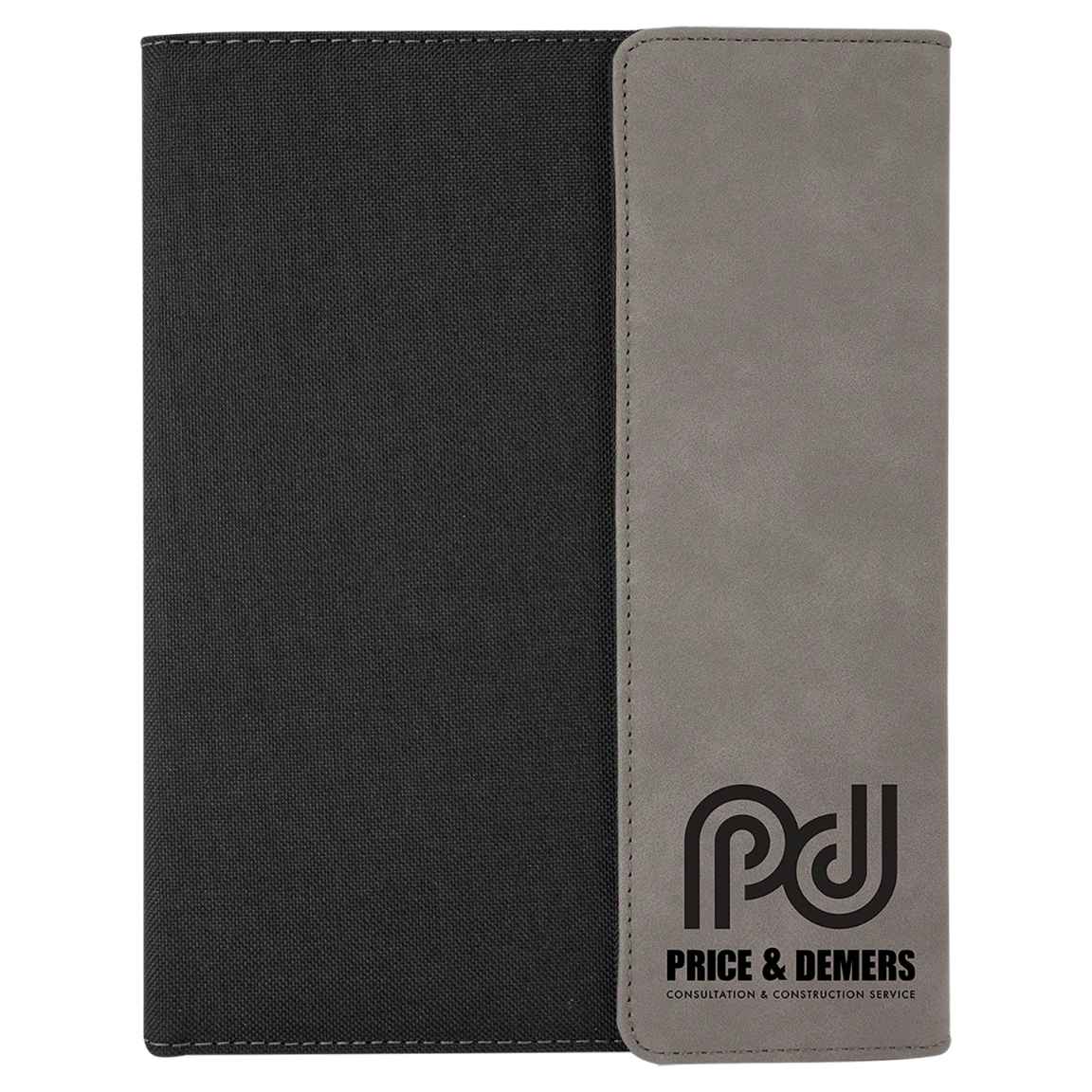 Gray leatherette and black canvas 9.5x12 portfolio with a company logo laser engraved on the front flap