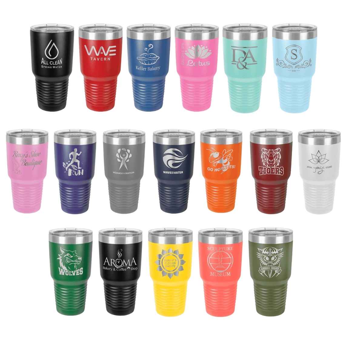 Laser engraved 30 oz tumbler color options in black, red, blue, pink, teal, purple, grey, orange, green, yellow and more