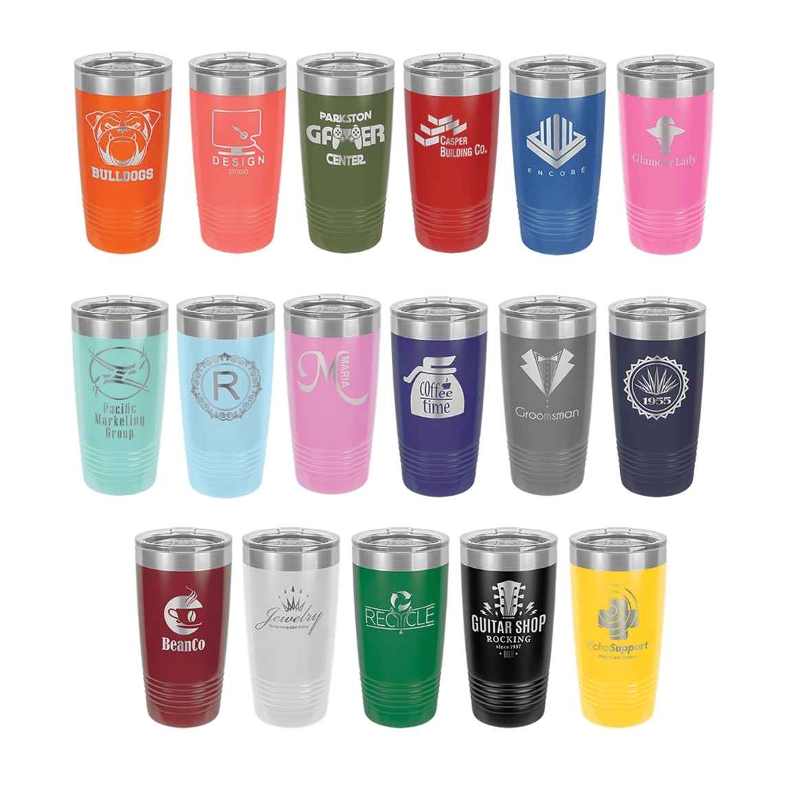 Laser engraved 20 oz tumbler color options in black, red, blue, pink, teal, purple, grey, orange, green, yellow and more