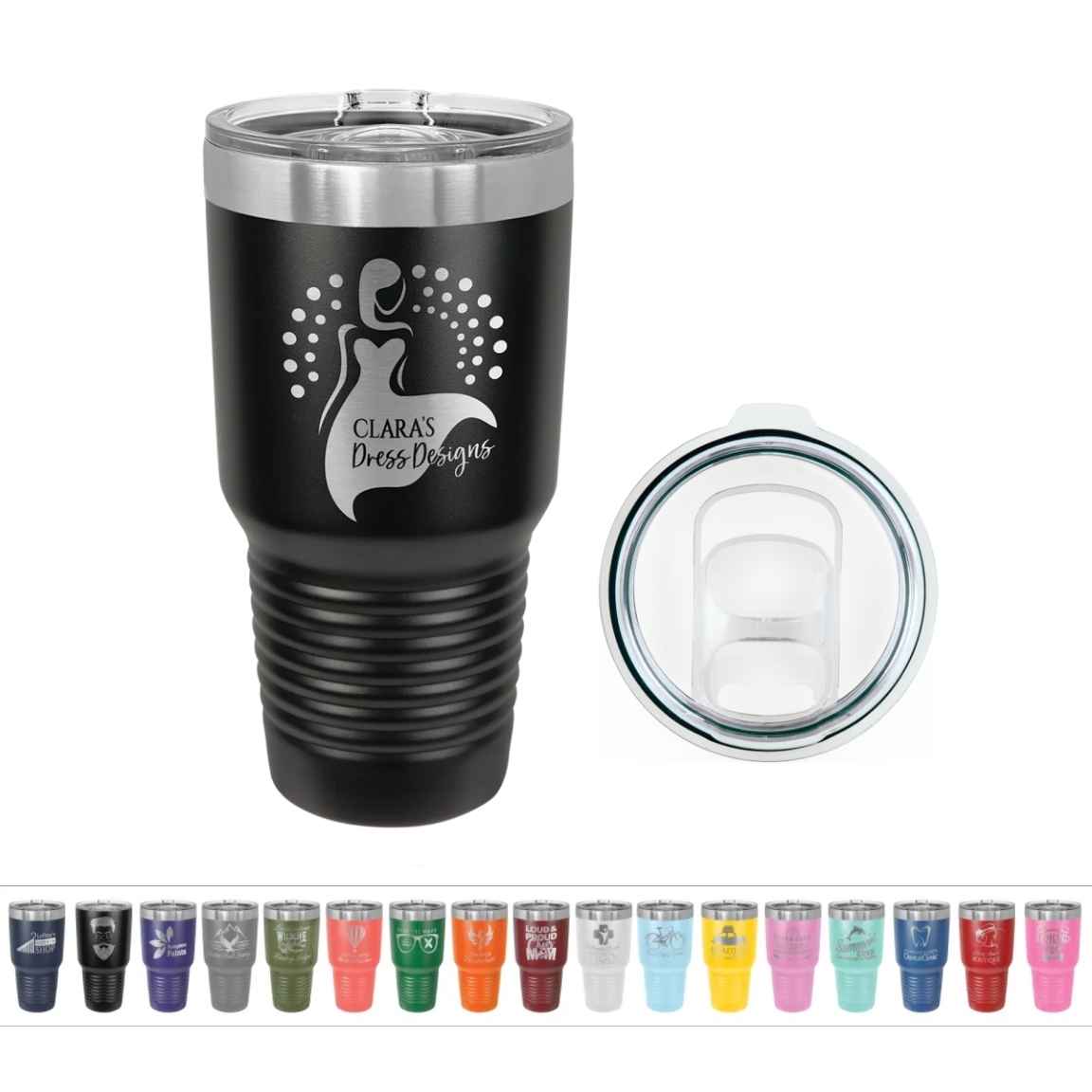 Black 30 oz tumbler laser engraved with a sample boutique logo, shown with its clear slider lid and a row of tumblers in other colors