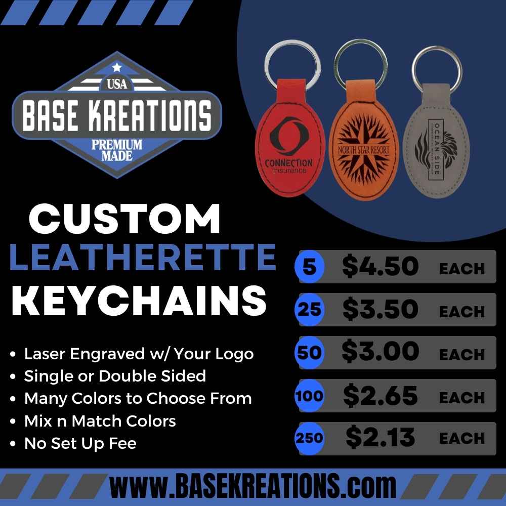 Base Kreations custom leatherette oval keychain flyer with red, rawhide and grey keychains, sample logos and bulk pricing tiers