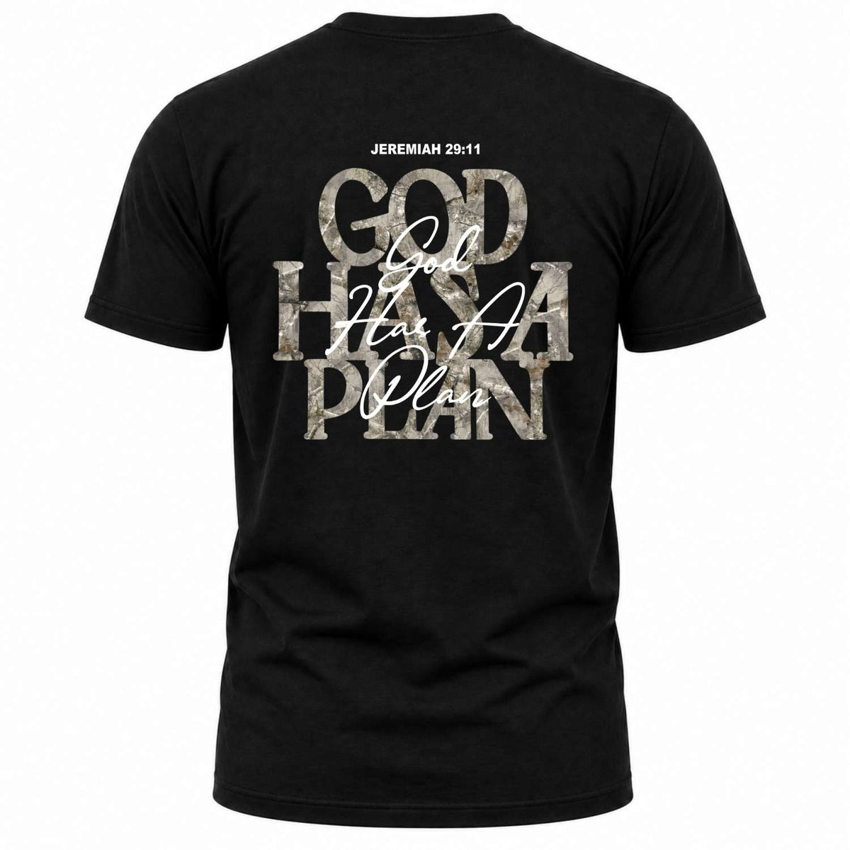 God Has a Plan Jeremiah 29:11 Christian T-shirt with front and back faith design
