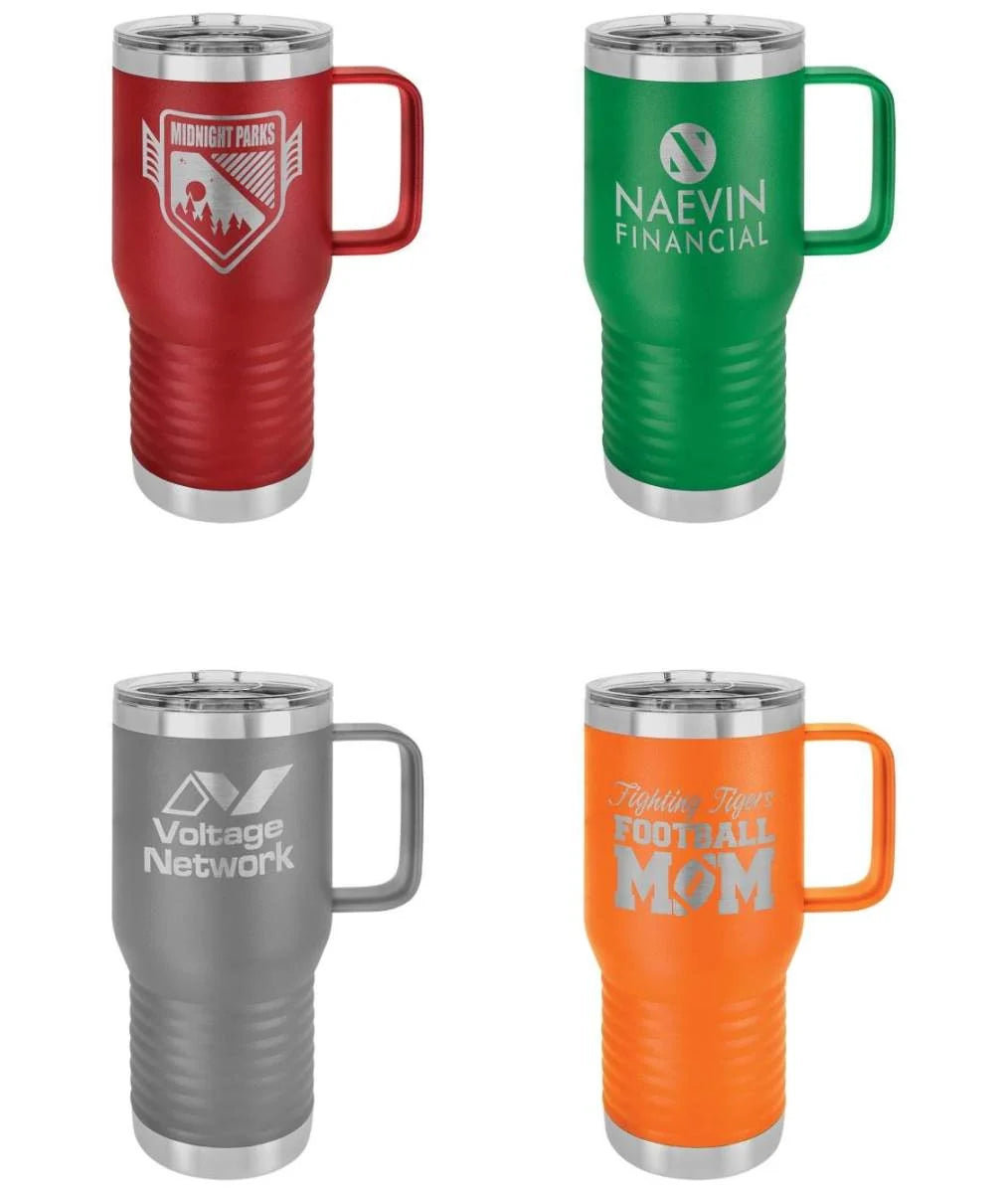Red, green, gray and orange 20 oz travel mugs with handles laser engraved with custom company logos and a team design