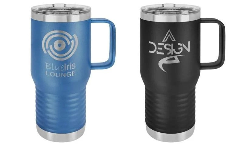 Blue and black 20 oz travel mugs with handles laser engraved with custom business logos