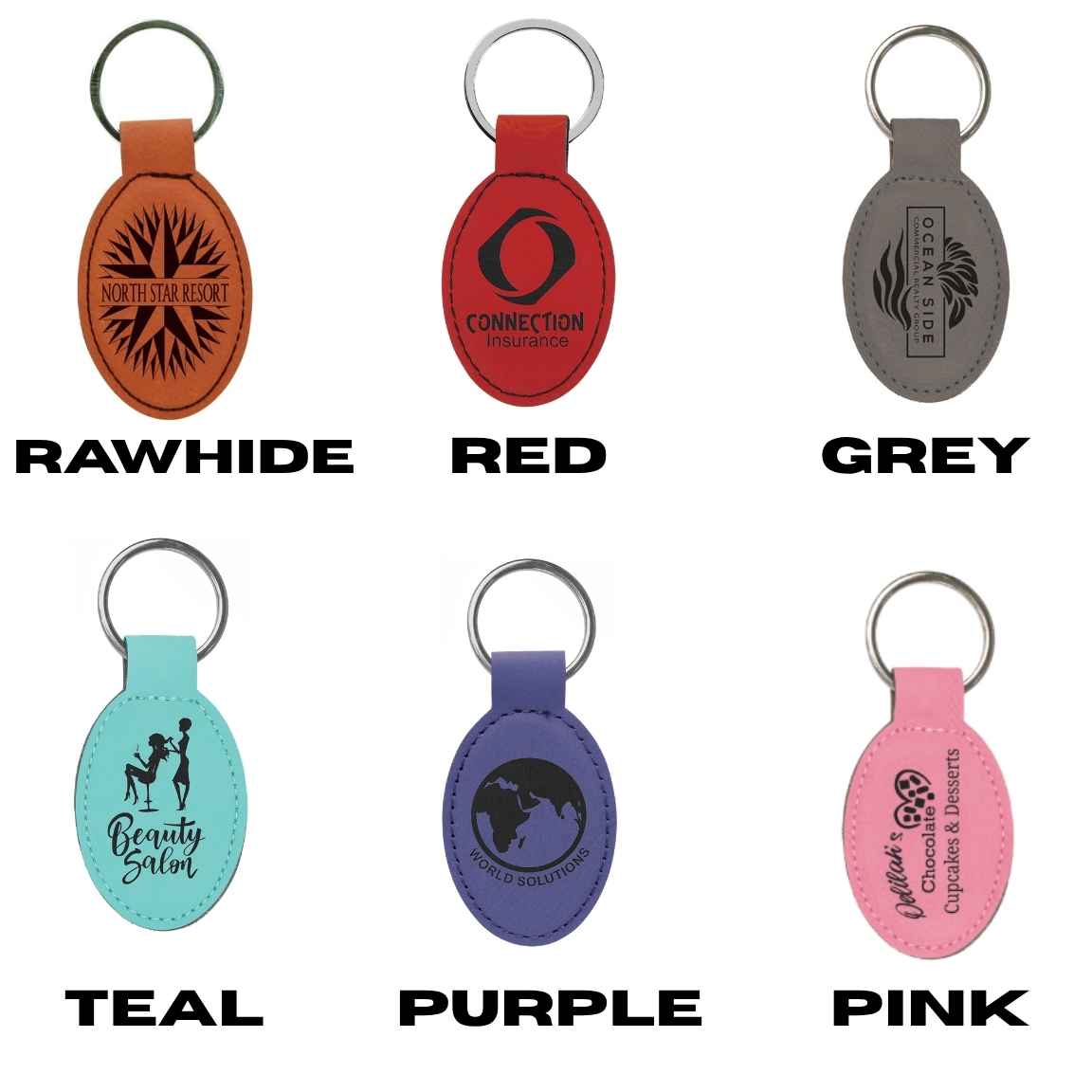 Leatherette oval keychain color options: Rawhide, Red, Grey, Teal, Purple and Pink