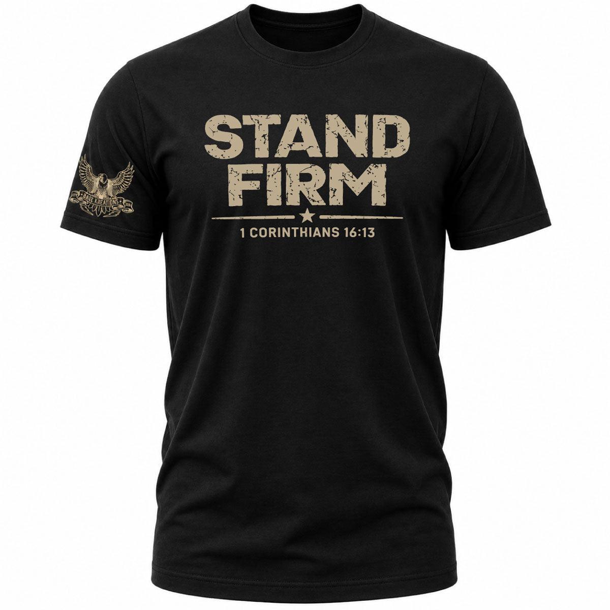 Stand Firm 1 Corinthians 16:13 Christian t-shirt in black with distressed tan print