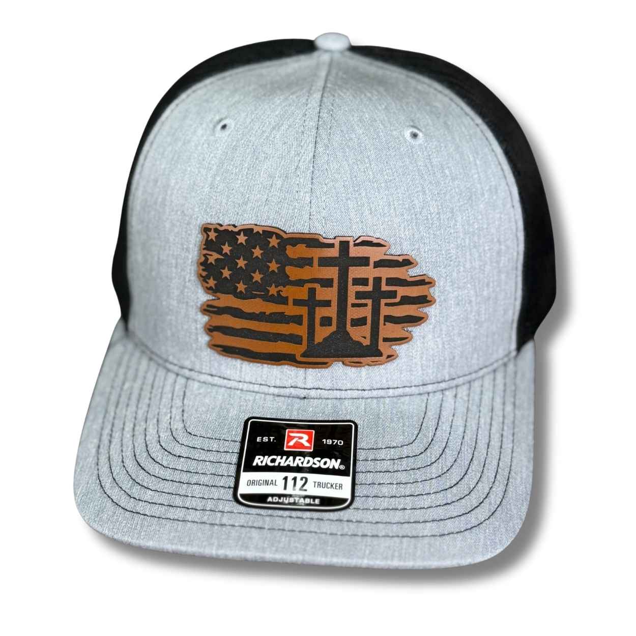 American Flag Cross snapback hat with laser engraved leatherette patch on Richardson 112 trucker hat