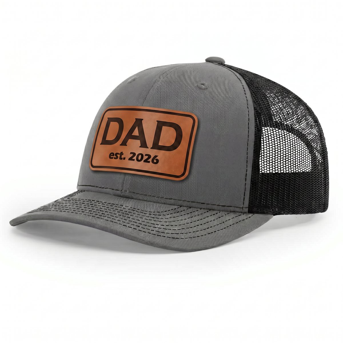 DAD Est. 2026 personalized Richardson 112 snapback hat with laser engraved leatherette patch