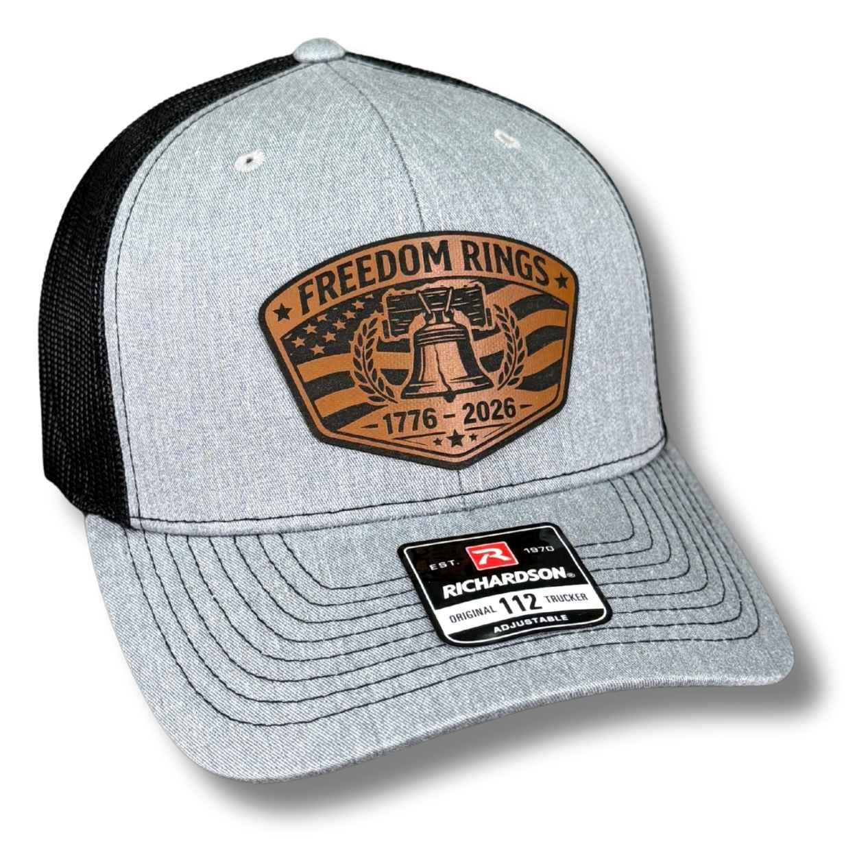 1776–2026 Freedom Rings snapback hat on Richardson 112 trucker hat