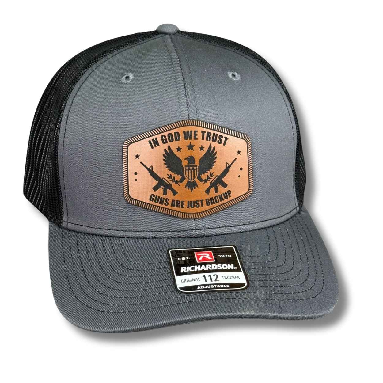 Faith-based patriotic snapback hat with engraved leatherette patch