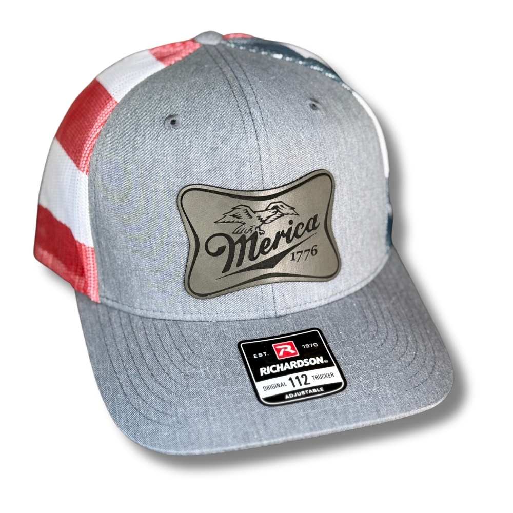 ’Merica 1776 snapback hat with laser engraved leatherette patch on Richardson 112 trucker hat