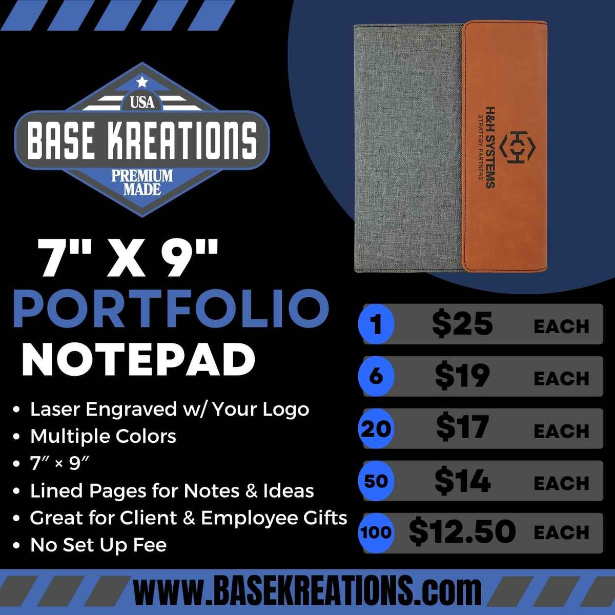 Base Kreations 7x9 portfolio flyer with a logo-engraved rawhide and gray canvas portfolio and bulk pricing tiers