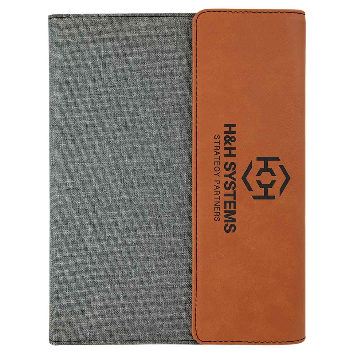 Custom logo 9.5x12 portfolio with gray canvas cover and rawhide leatherette flap, logo laser engraved in black