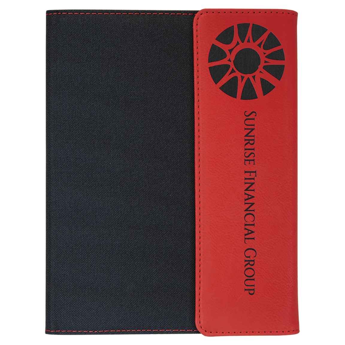 Red leatherette and black canvas 9.5x12 portfolio with a company logo laser engraved on the front flap