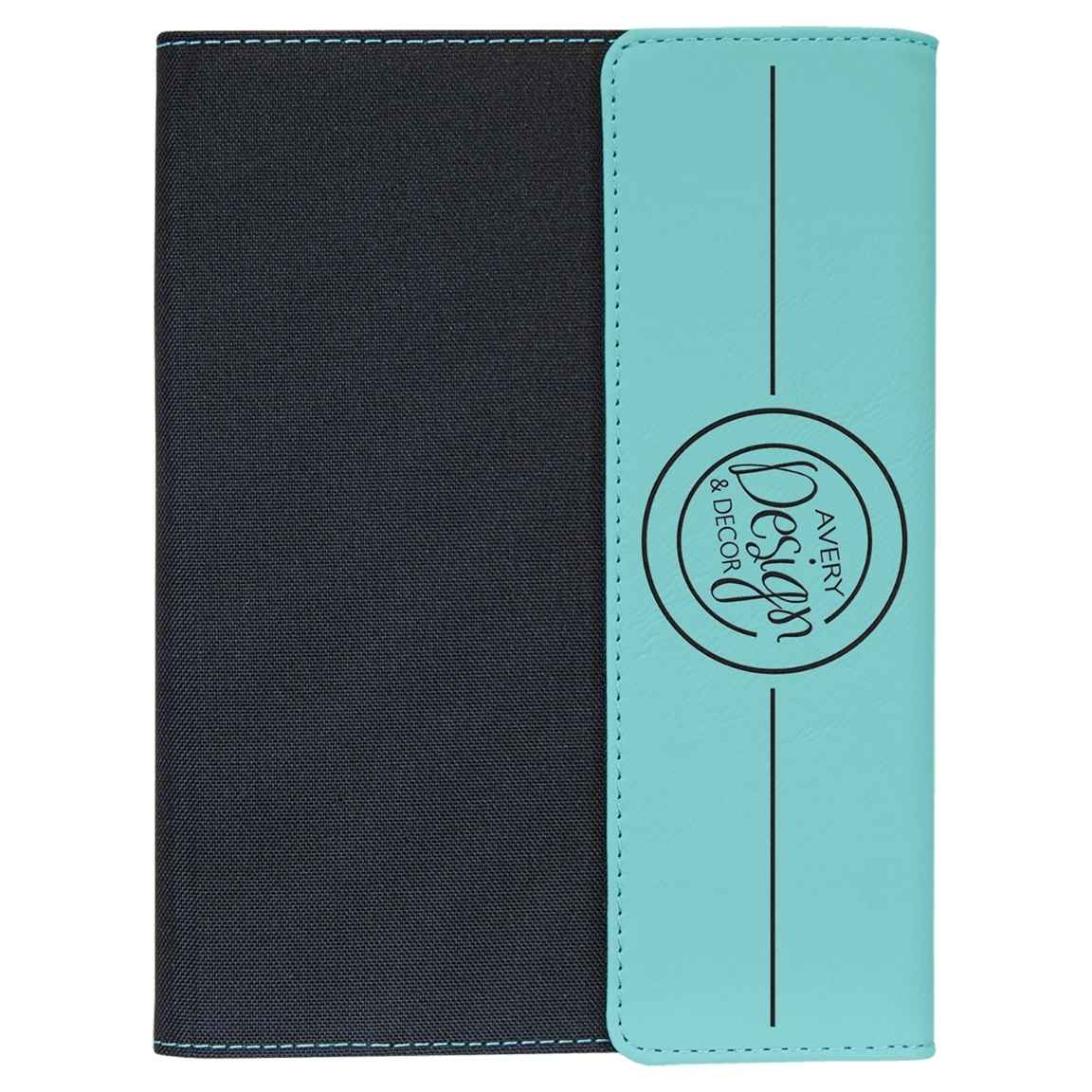 Teal leatherette and black canvas 9.5x12 portfolio with a company logo laser engraved on the front flap