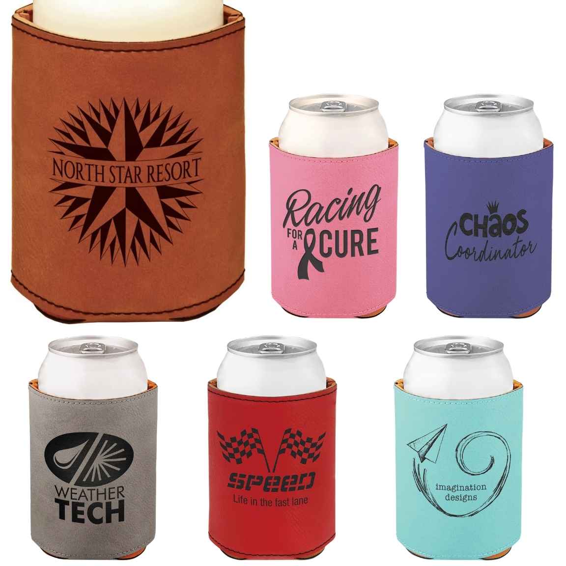 Rawhide leatherette can holder laser engraved with a sample logo, with pink, purple, gray, red and teal can holders on cans