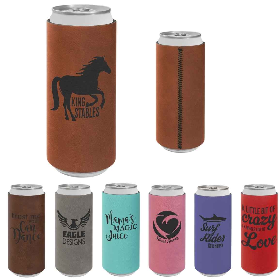 Rawhide leatherette slim can holder laser engraved with a sample logo, a back view showing the stitched seam, and slim can holders in brown, gray, teal, pink, purple and red