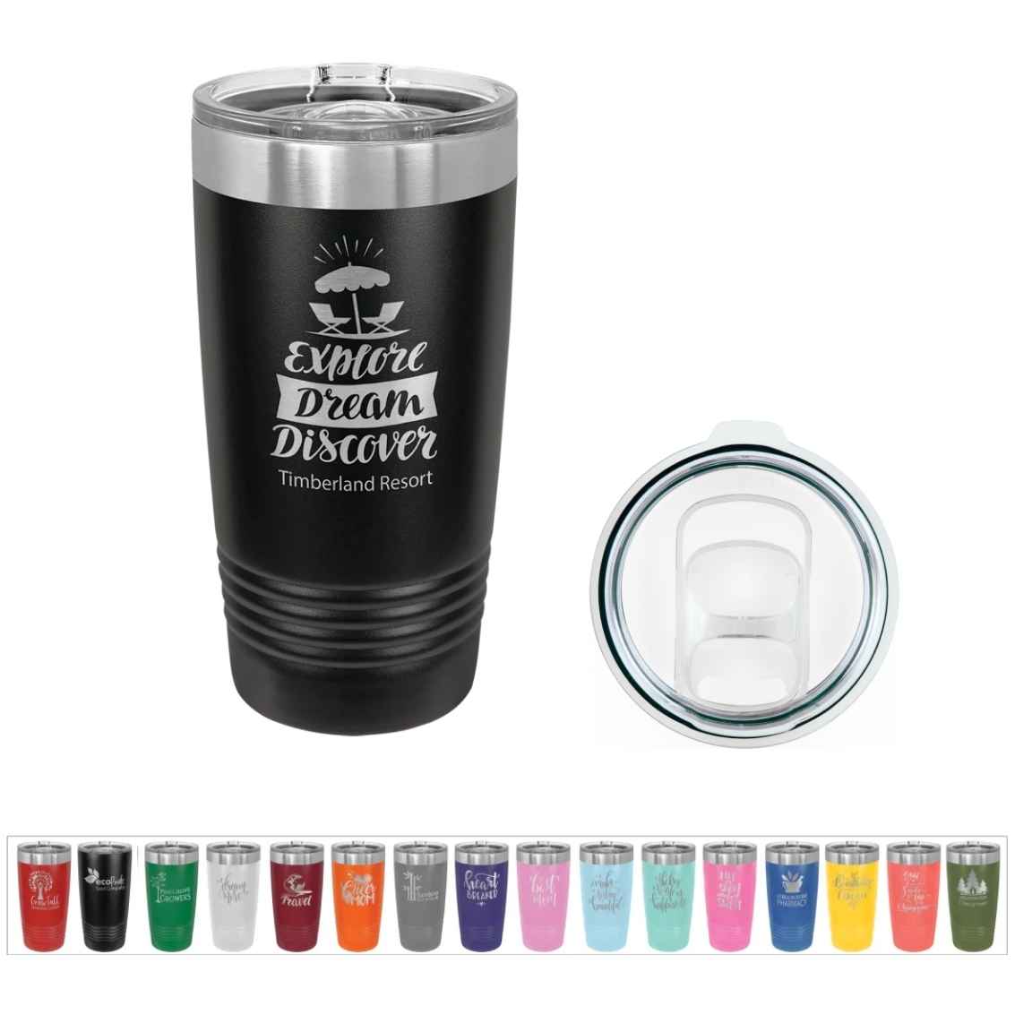 Black 20 oz tumbler laser engraved with a sample resort logo, shown with its clear slider lid and a row of tumblers in other colors