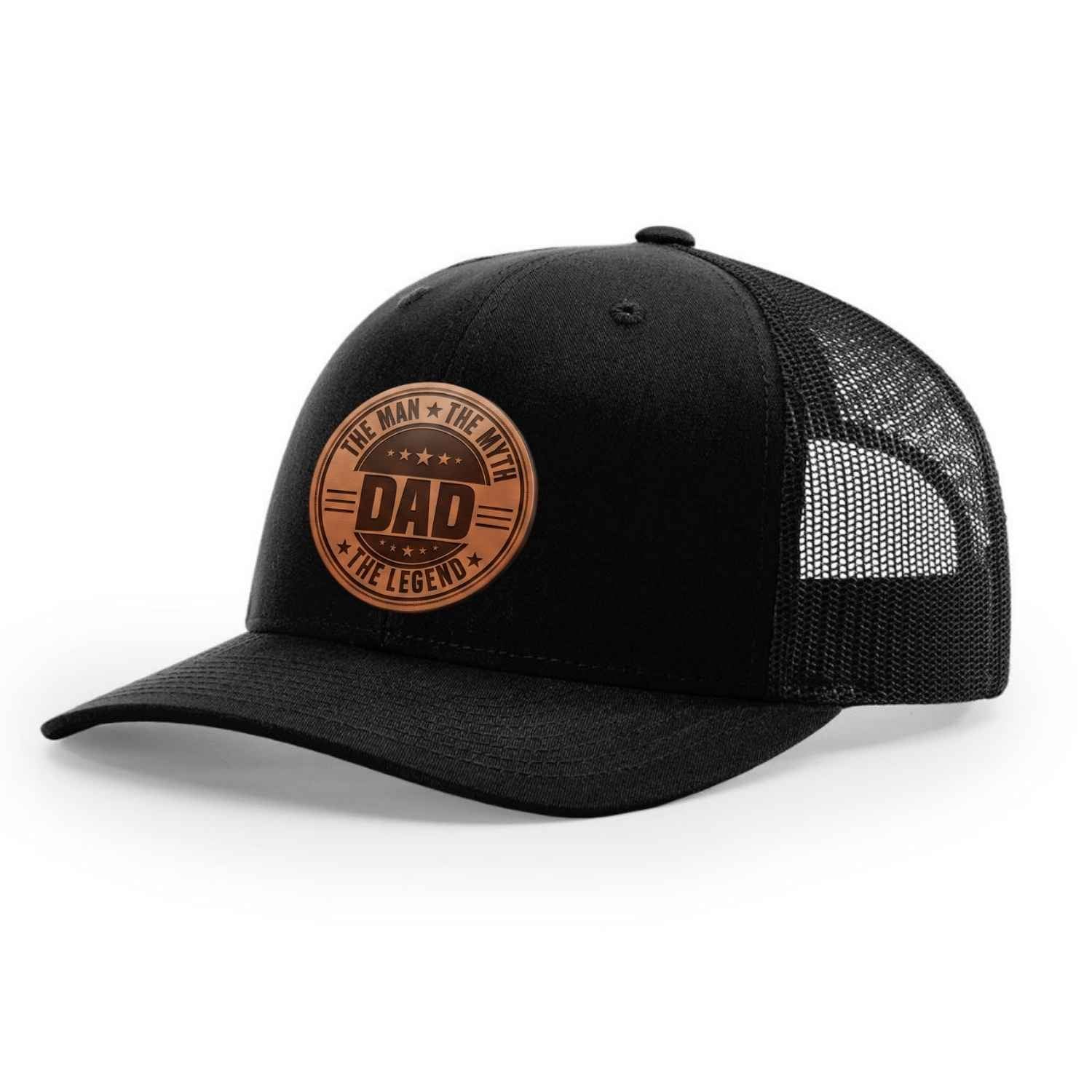 Dad The Man The Myth The Legend snapback hat with laser engraved leatherette patch on Richardson 112 trucker hat
