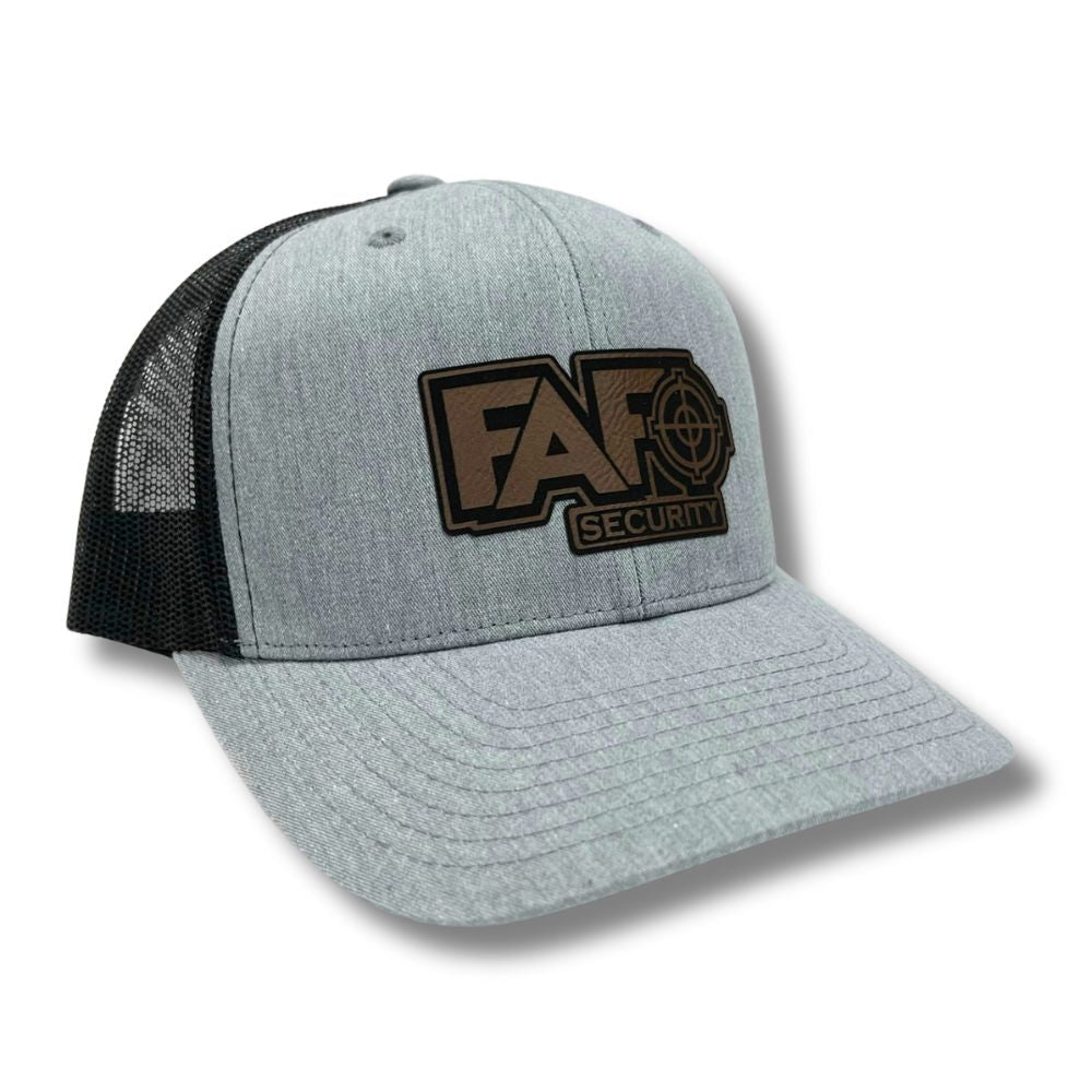 FAFO Security Fuck Around and Find Out Leather Patch Trucker Hat Richardson 112 Yupoong 6606  (1) 