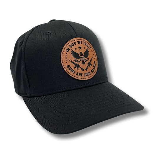 In God We Trust Guns Are Just Backup Brown Patch Patiotic Hat FLEXFIT FItted hat