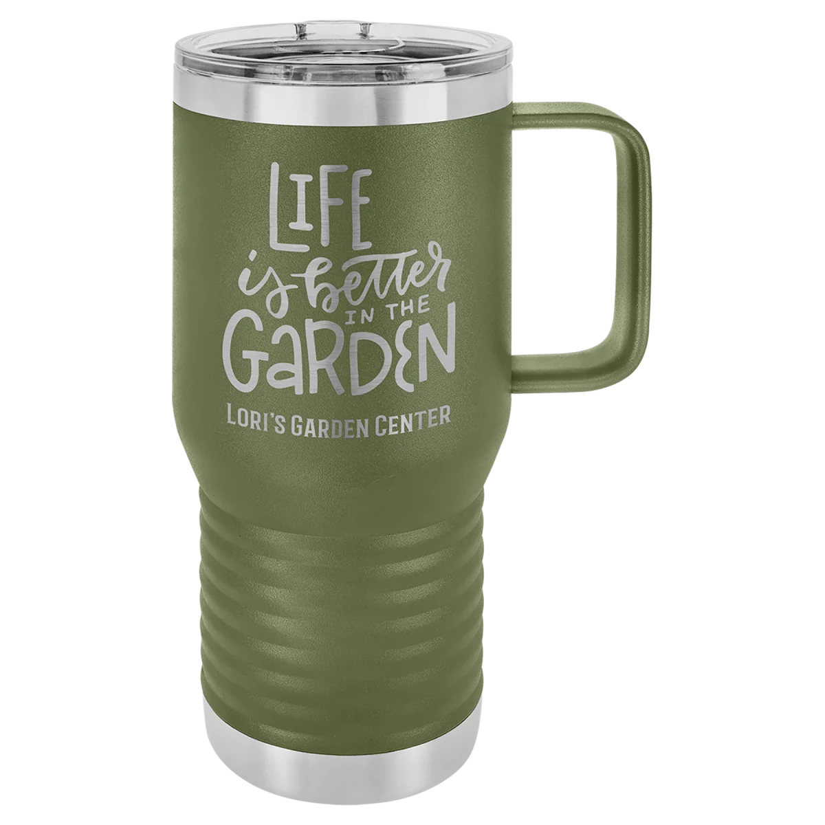 Olive green 20 oz travel mug with handle laser engraved with a garden center logo and slogan