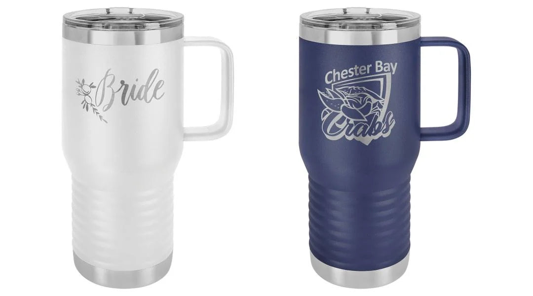 White 20 oz travel mug engraved with a bride design next to a navy travel mug engraved with a team mascot logo
