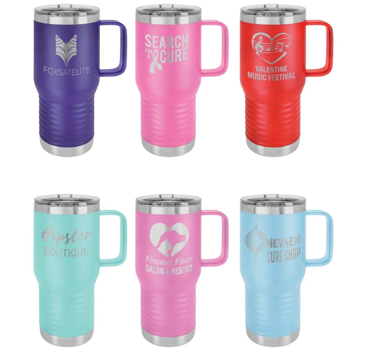 Six 20 oz travel mugs with handles in purple, pink, red, teal and light blue, each laser engraved with a different custom business logo