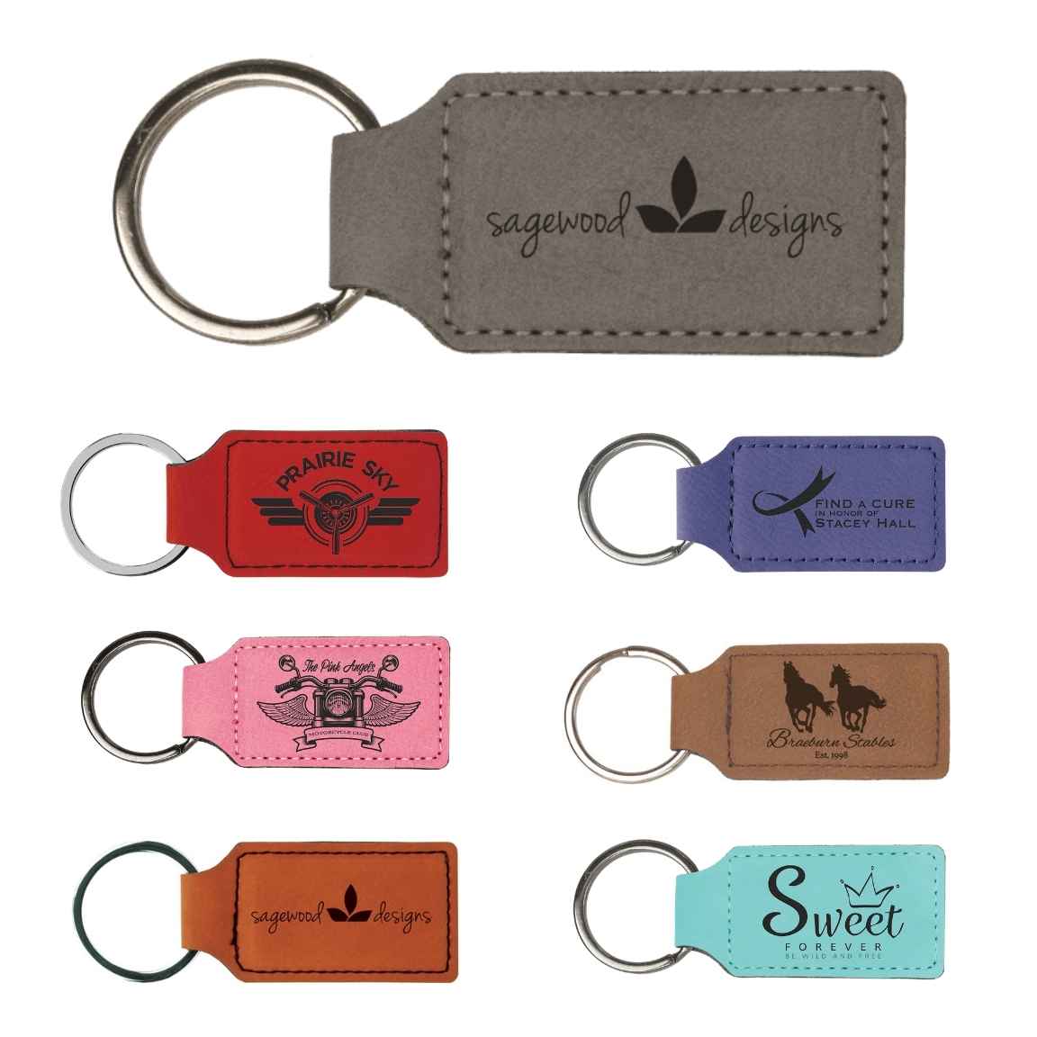 Gray rectangle leatherette keychain laser engraved with a sample logo, above smaller keychains in red, purple, pink, brown, rawhide and teal