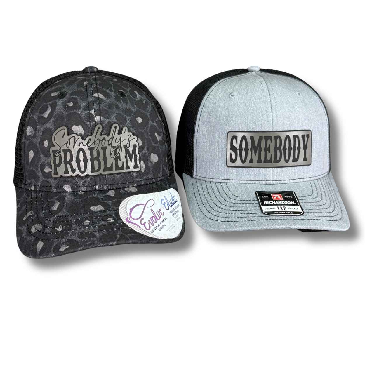Somebody’s Problem ponytail hat with laser engraved leatherette patch