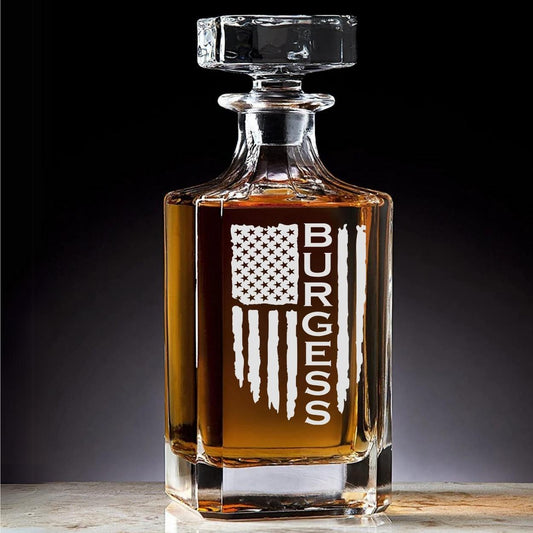 Tattered Flag Monogram Decanter set whiskey glasses last name personalized gift whiskey bourbon