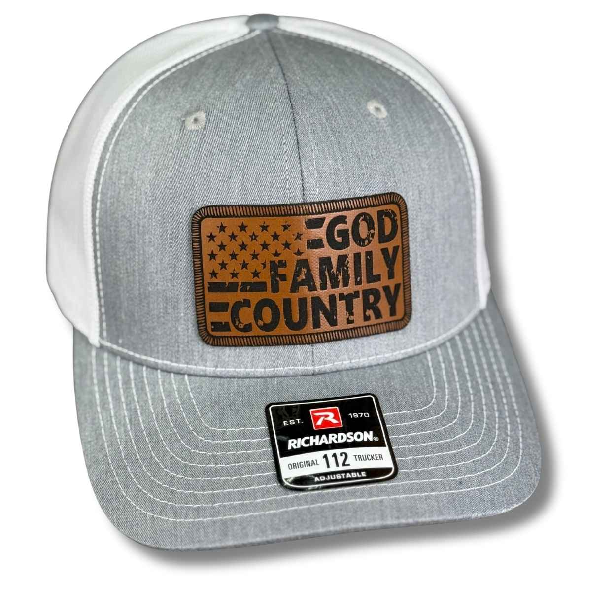 God Family Country Flag snapback hat with laser engraved leatherette patch on Richardson 112 trucker hat