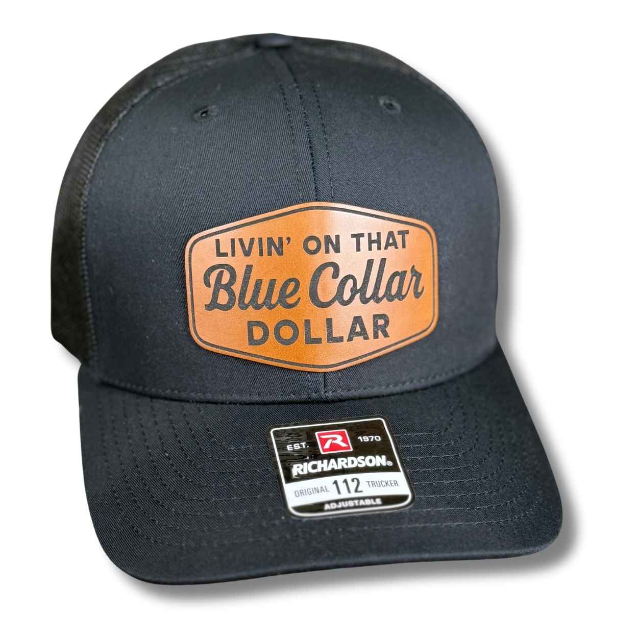 Funny blue collar snapback hat with engraved leatherette patch