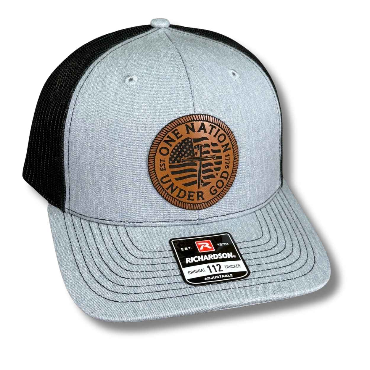 One Nation Under God snapback hat with laser engraved leatherette patch on Richardson 112 trucker hat