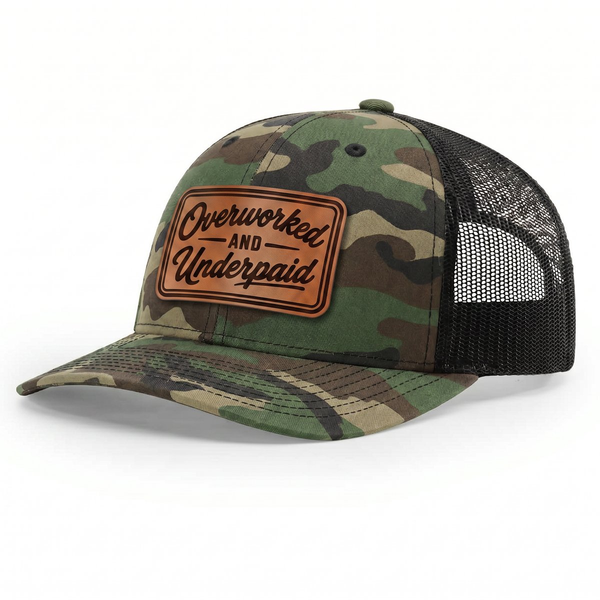 Overworked and Underpaid snapback hat with laser engraved leatherette patch on Richardson 112 trucker hat
